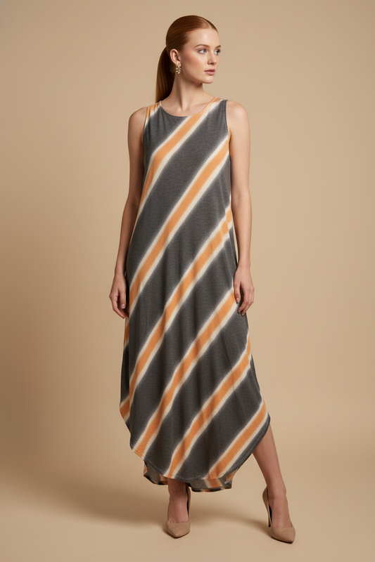 8296 Charcoal & Orange Stripe Sleeveless Dress