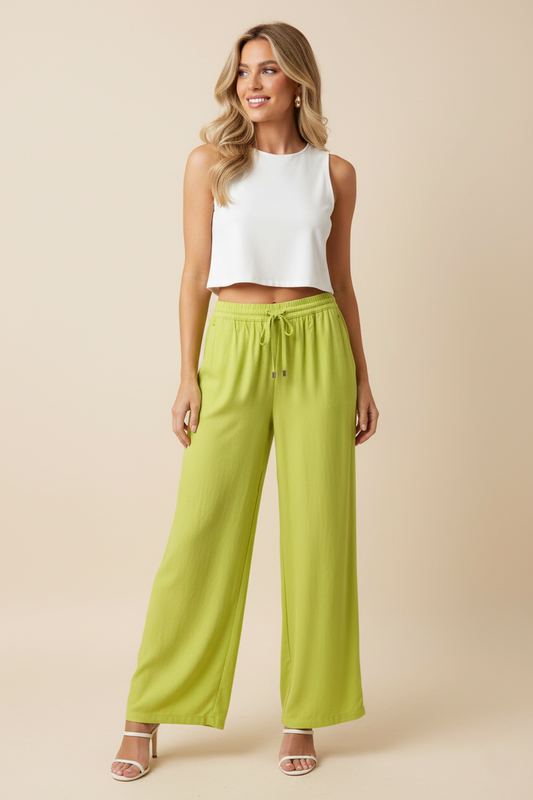6978 Neon Lime Green Wide-Leg Drawstring Linen Pants with pockets