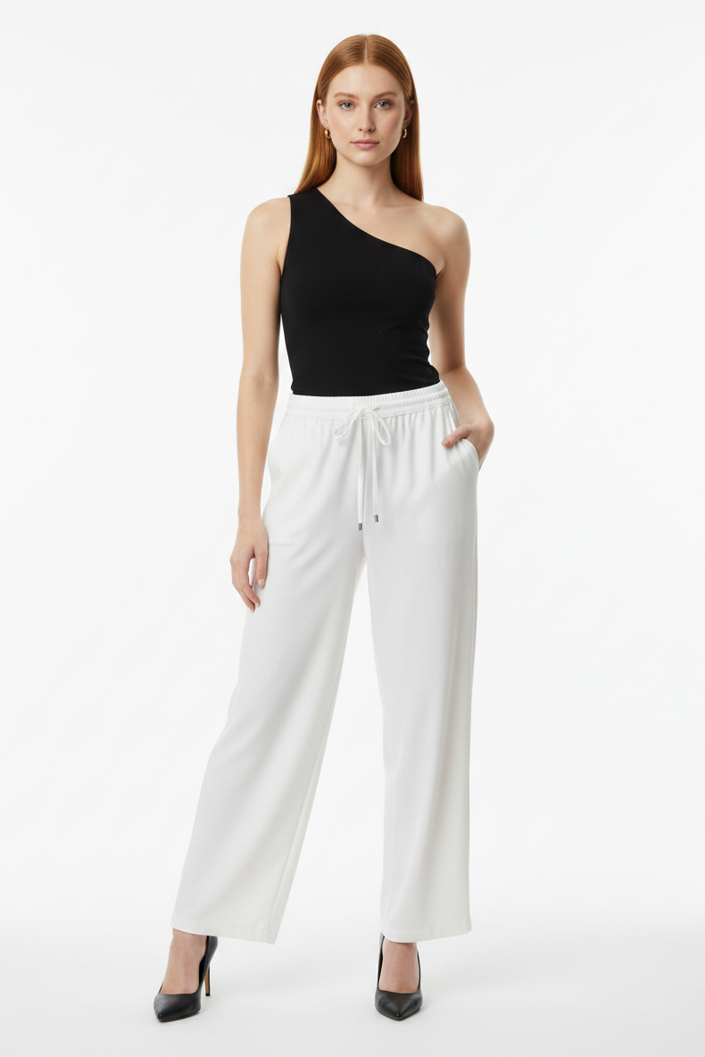 6978 White Wide-Leg Drawstring Linen Pants with pockets