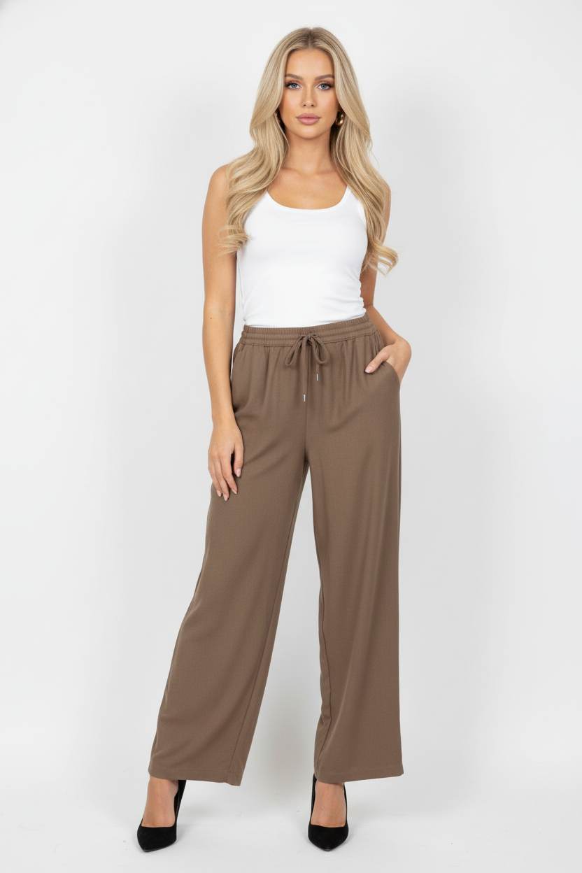 6978 Mocha Wide-Leg Drawstring Linen Pants with pockets