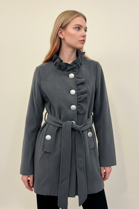 7370 Charcoal Ruffle Button-Up Coat