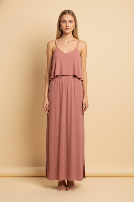 8022 Dusty Rose Ribbed Maxi Dress with Layered Cami Top