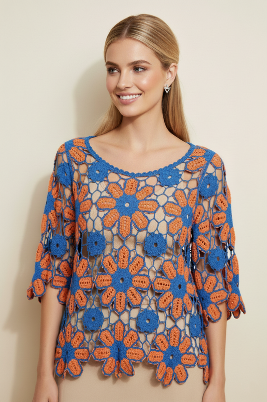 C101 Tangerine & Blue Boho Crochet Top