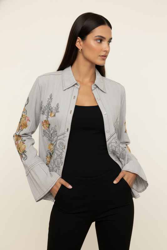 124 Gray Vintage Romance Embroidered Blouse