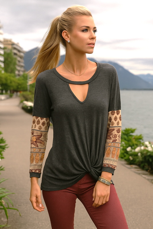 1918 Gray Boho Charm Sleeve with Keyhole Neckline