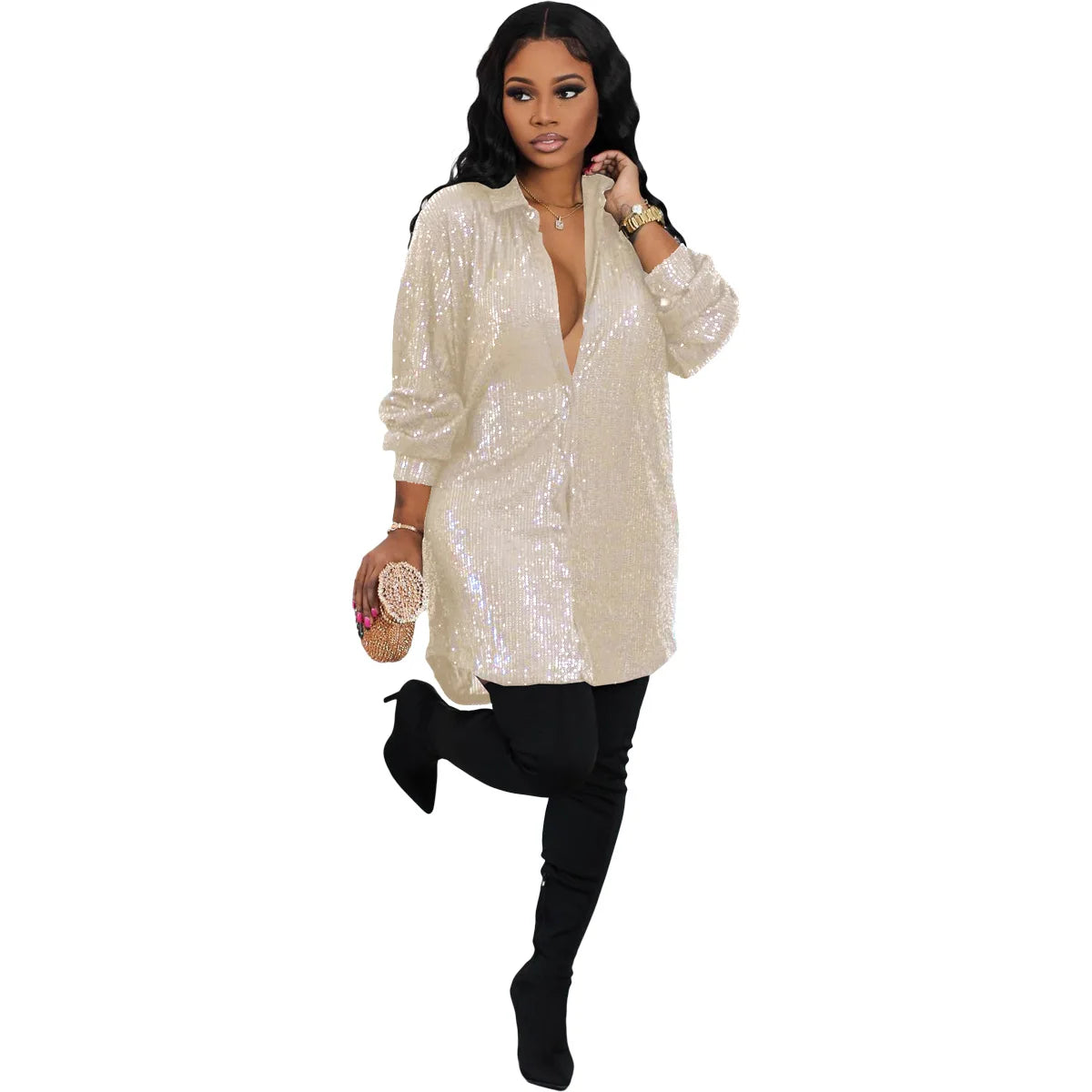 Style 0030 Apricot Sequin Button Down Long Shirt/Dress