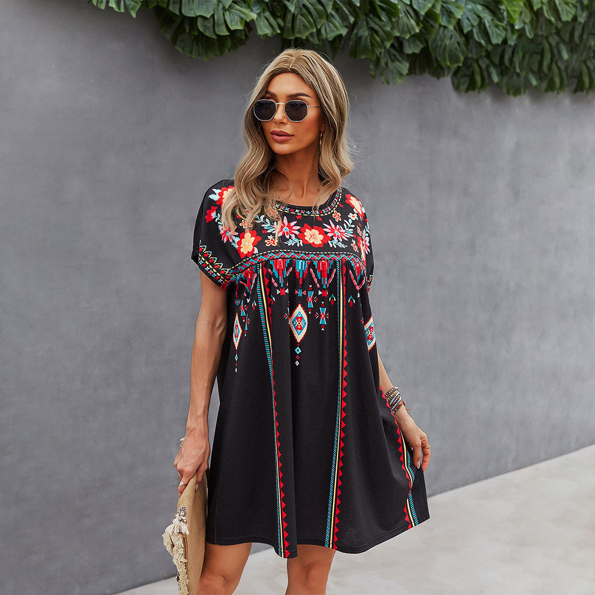 Style 2024 Black Embroidered Boho Dress 100% Polyester Ship 01/10/25