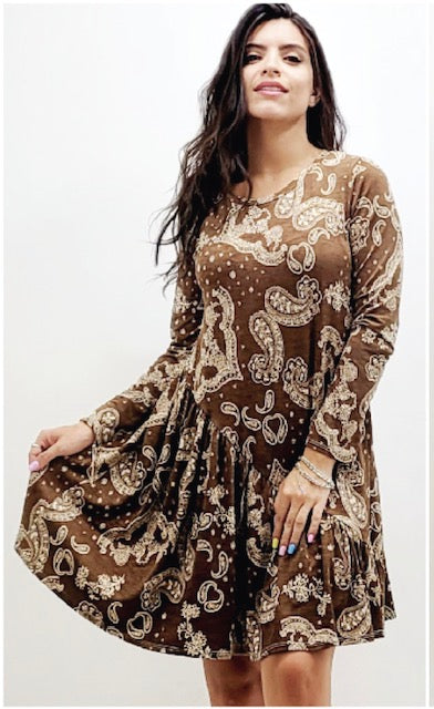 Style 601 Brown Paisley Tunic Dress with diagonal stich