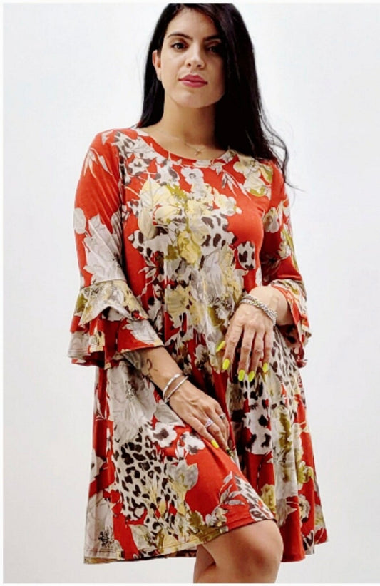 Style 3811 Burnt Orange Floral Tunic Dress with Side Pockets