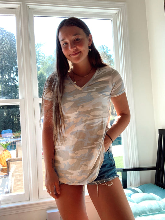 Blue and Tan Camo V-Neck