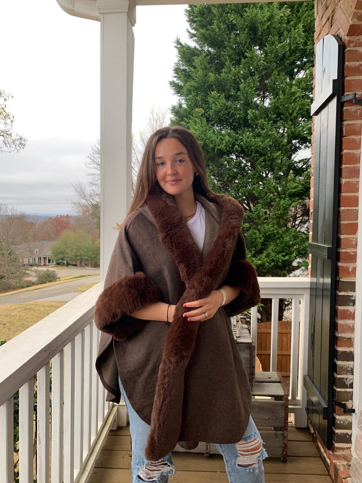 Style 189 Brown Wrap W/ Fur Trim