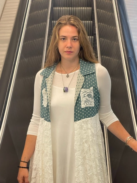 Style 101 Green Double Layered Knee Length Lace Sleeveless Vest