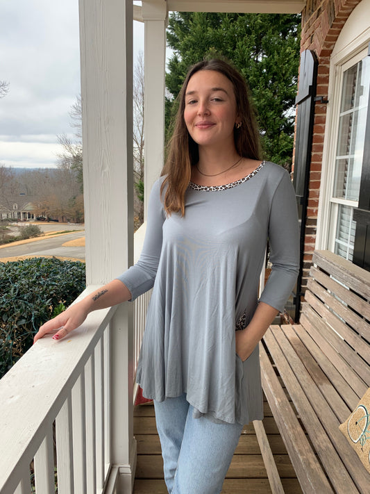 Grey/Blue Long Sleeve Top w/ Leopard Trim 6176