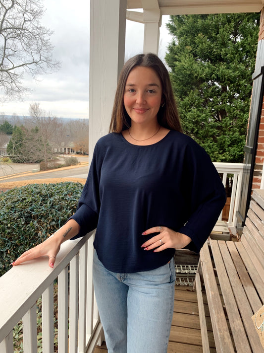 Navy Three Quarter Length Sleeve Round Neck Top 10251