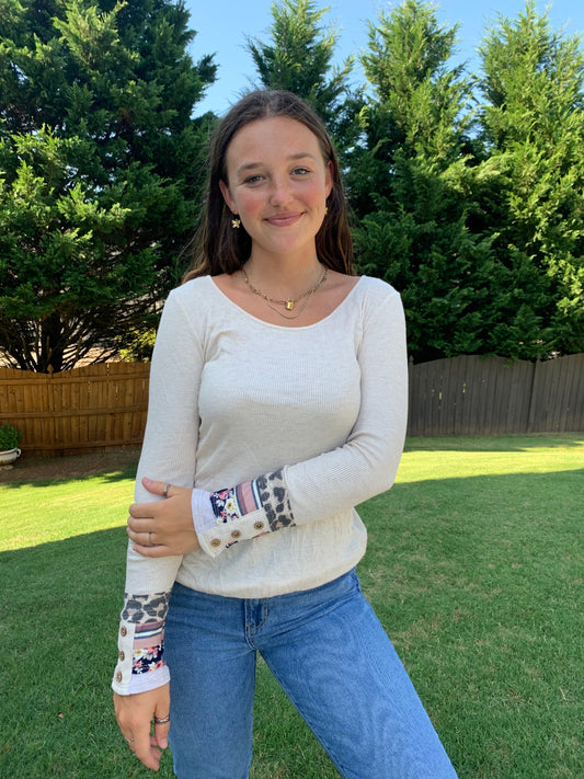 White Top with Printed Sleeve Cuff 8023