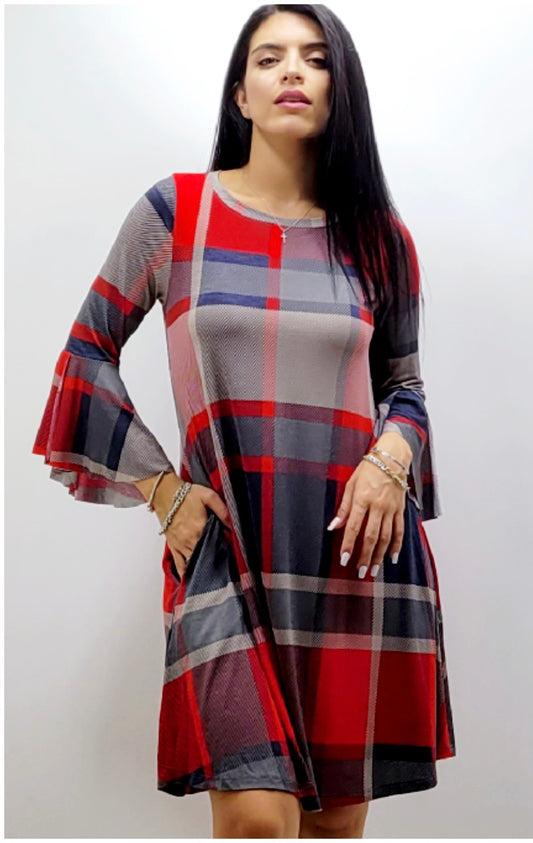 9600 Red And Gray Side Pocket Plaid Tunic Dress