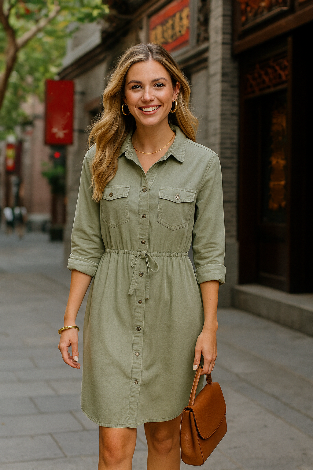 4394 Light Olive Drawstring Button Down Dress
