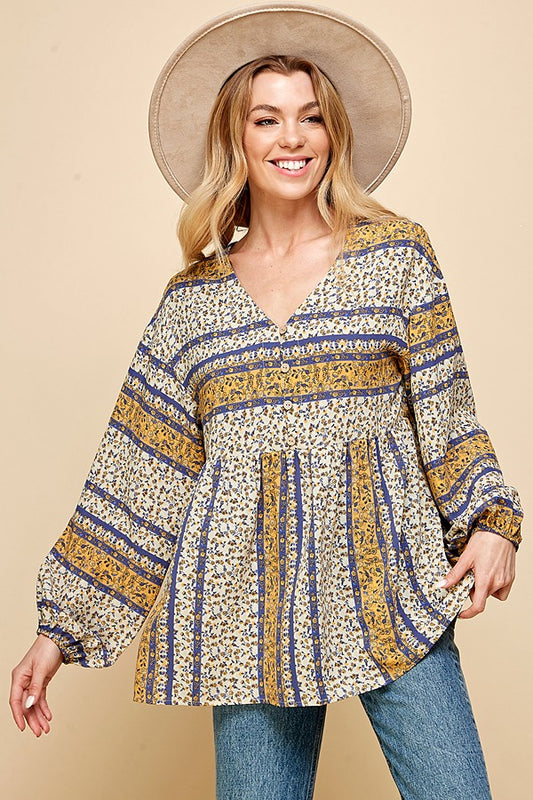 Style 9458 Mustard Floral Multi Print Button Down Baby Doll Top