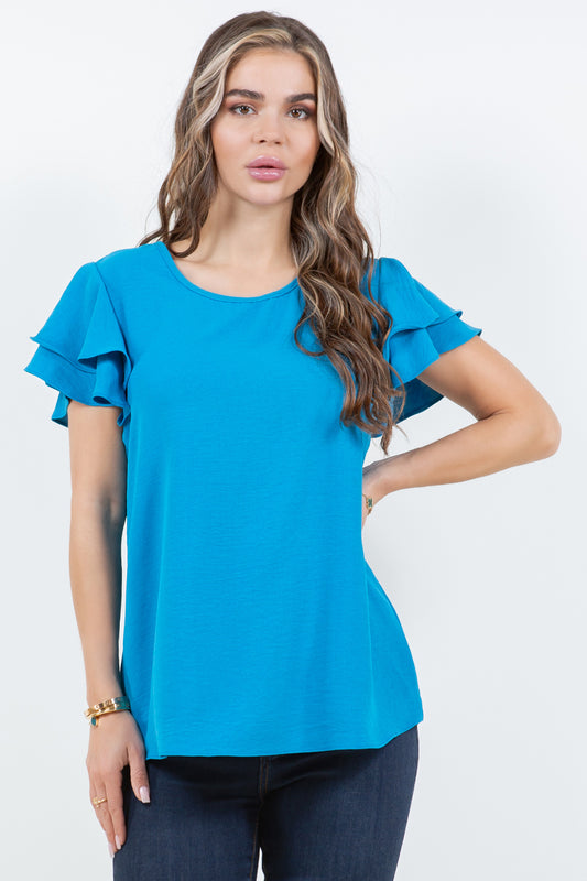 Style 5342 Turq Double Ruffle Airflow Top