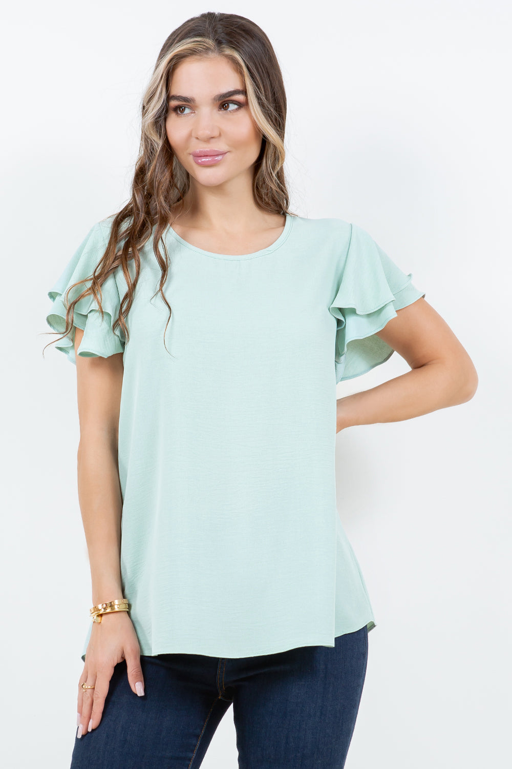 Style 5342 Mint Double Ruffle Airflow Top