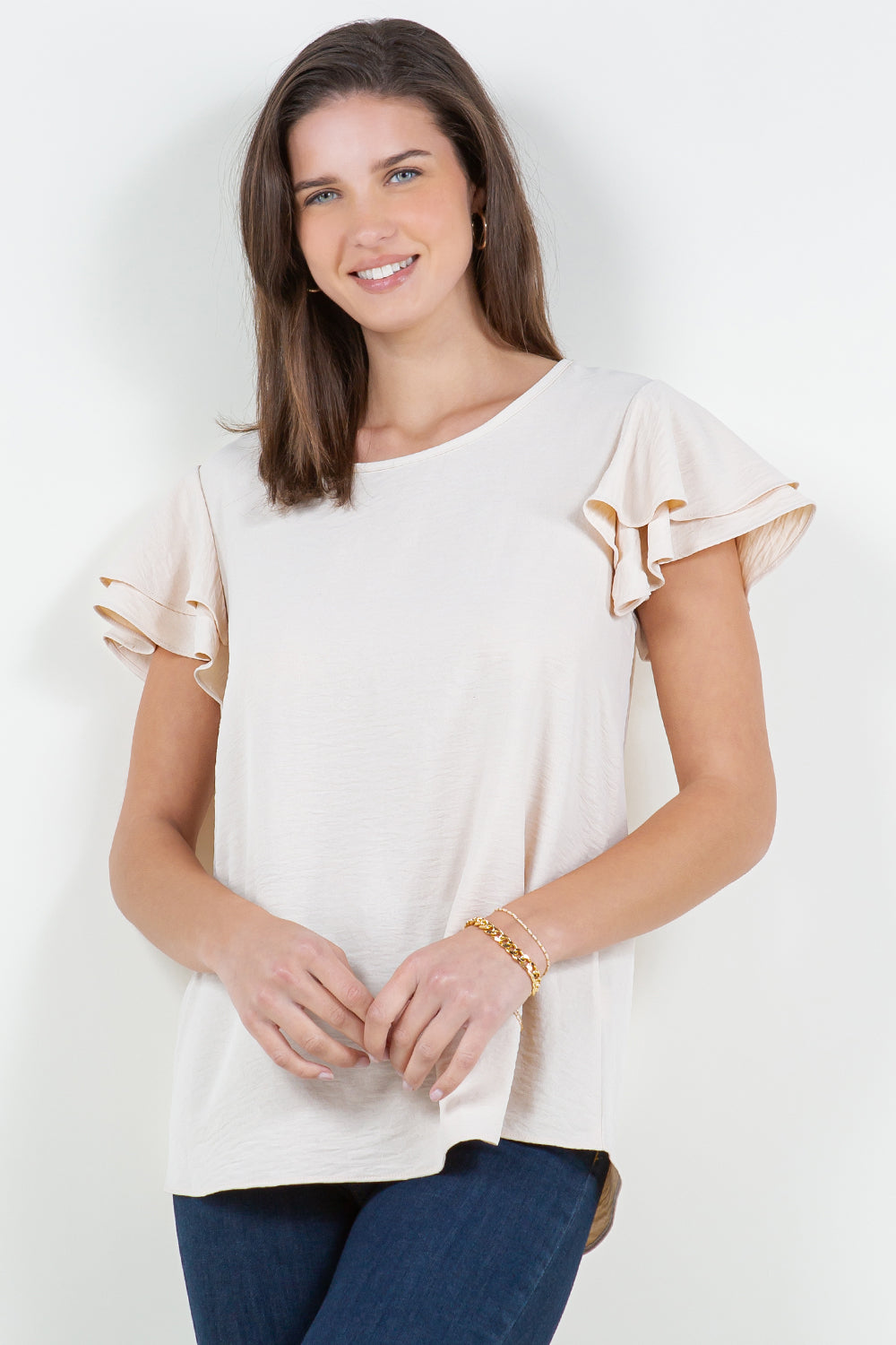 Style 5342 Oatmeal Double Ruffle Sleeve Top