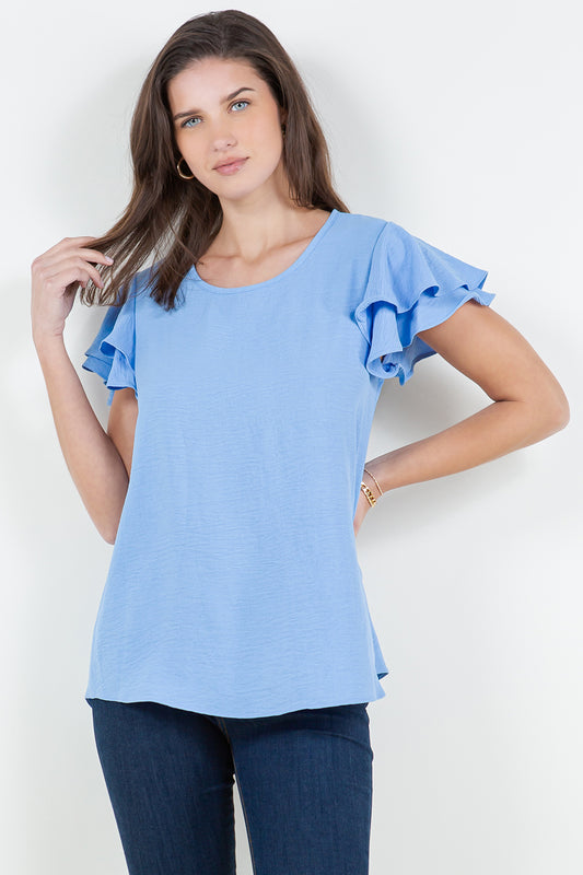 Style 5342 Sky Blue Double Ruffle Sleeve Top