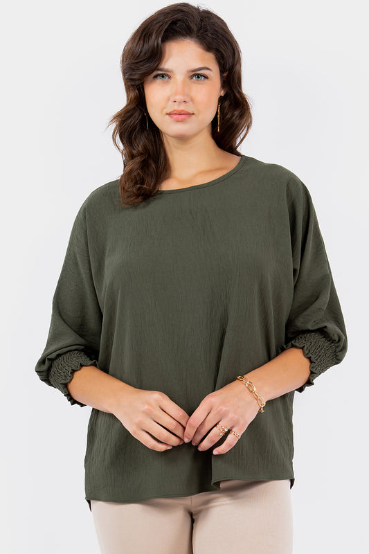 Style 5547 Olive Airflow Top with Shirring Cuff Plus