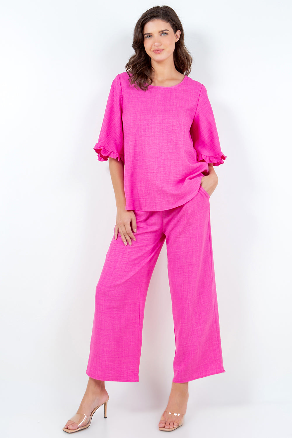 Style 5667 Fuchsia Linen Feel Top with Ruffle Sleeve 1st Cut Sold Out Next Shipping 06/10