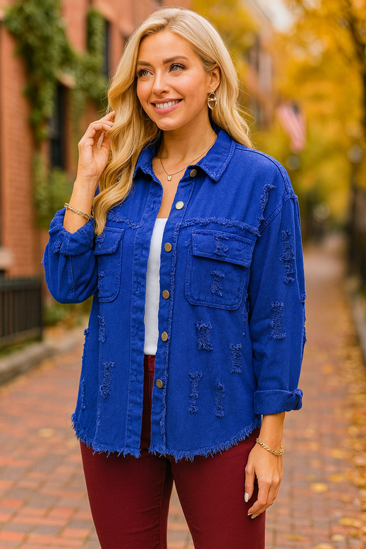 58016 Midnight Blue Distressed Denim Shacket