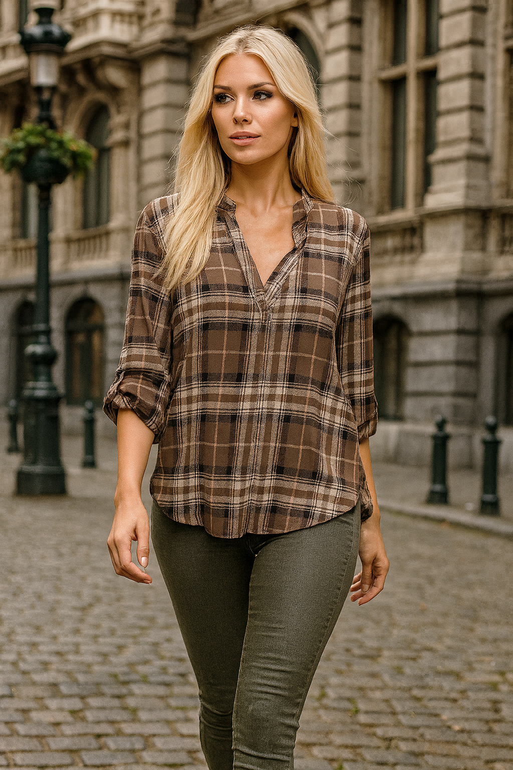 3288 Mocha Cream Plaid Blouse Plus