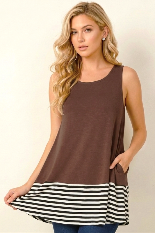 1734 Mocha Striped and Solid Contrast Sleeveless Top with side pockets