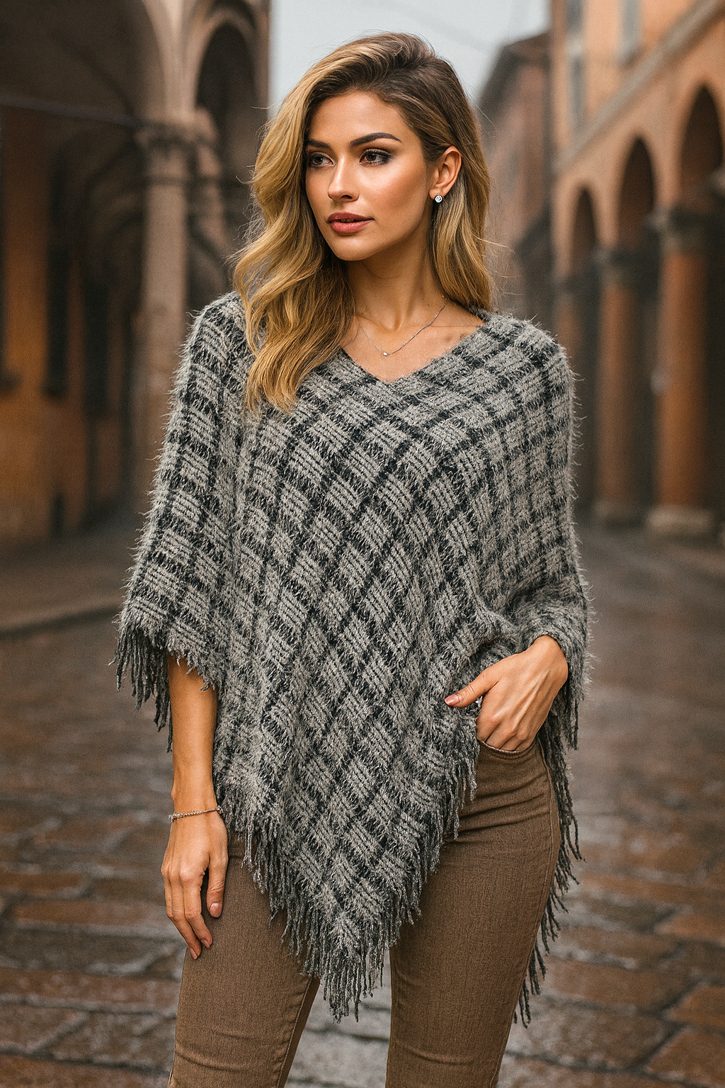 1012 Monochrome Black & White Poncho