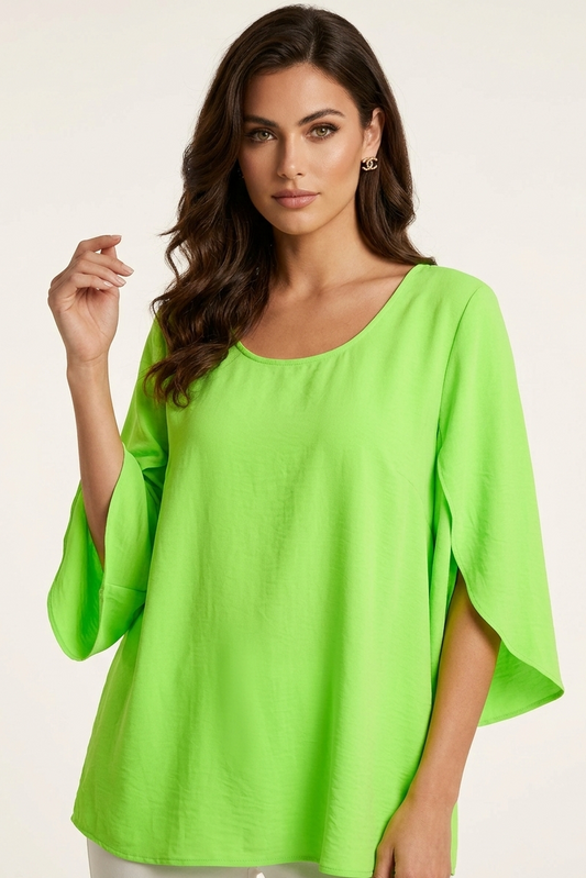 5514 Neon Green Split Bell Sleeve Top Plus