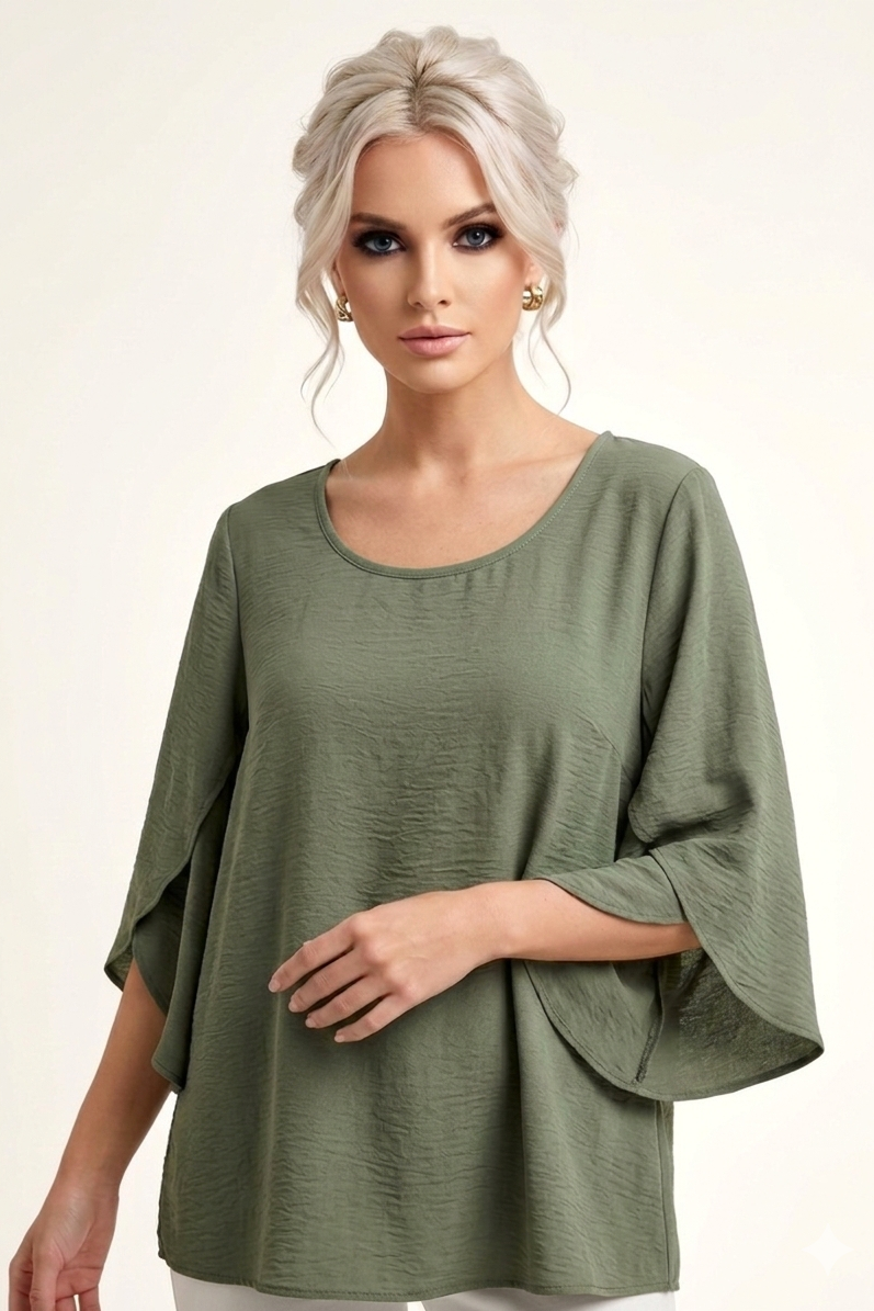 5514 Olive Split Bell Sleeve Top Plus