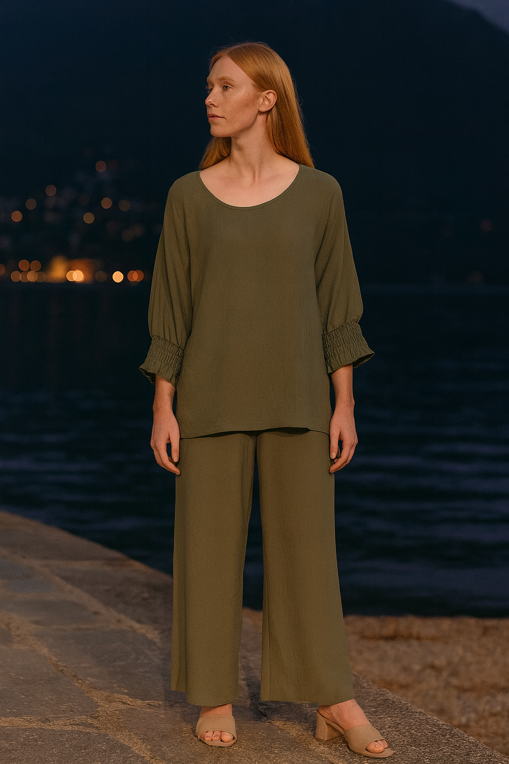 5547 Olive Breeze Smocked-Sleeve Blouse and Olive Pleated Trousers Set