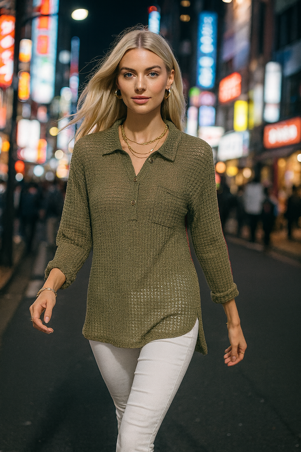 88061 Olive Sheer Waffle Top
