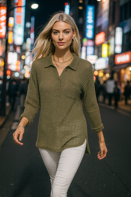 88061 Olive Sheer Waffle Top