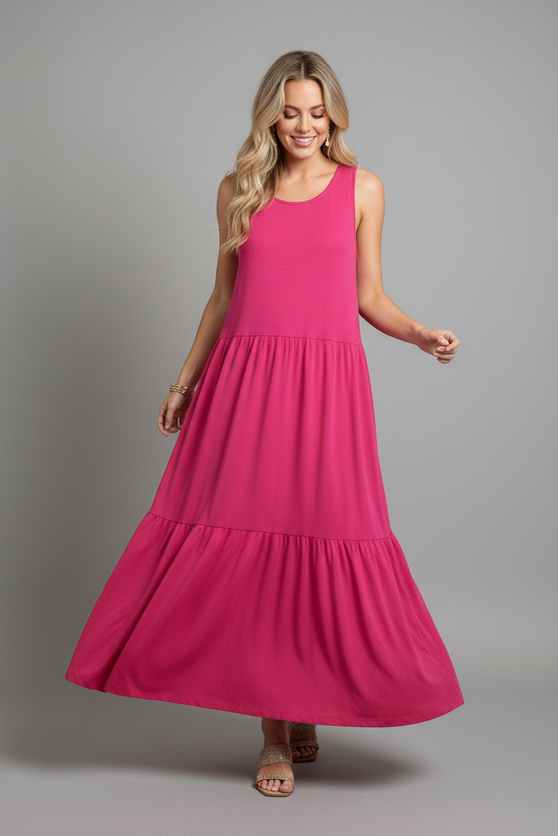 43050 Raspberry Pink Tiered Maxi Dress