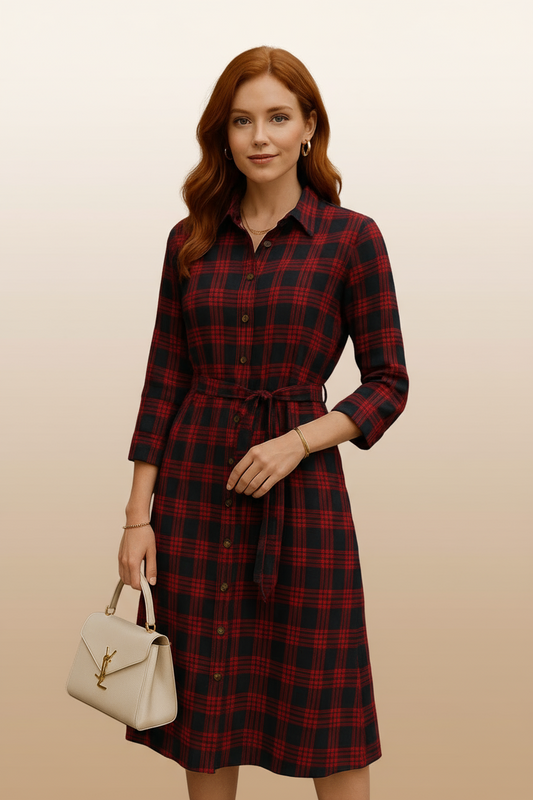 1179 Red & Black Plaid Shirt Dress with Tie Waist