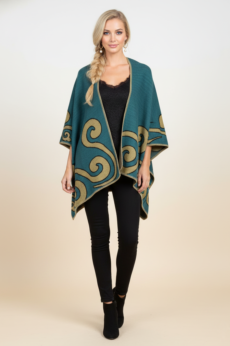 P-100 Reversible Artisan Teal Mustard Gold Wave Wrap