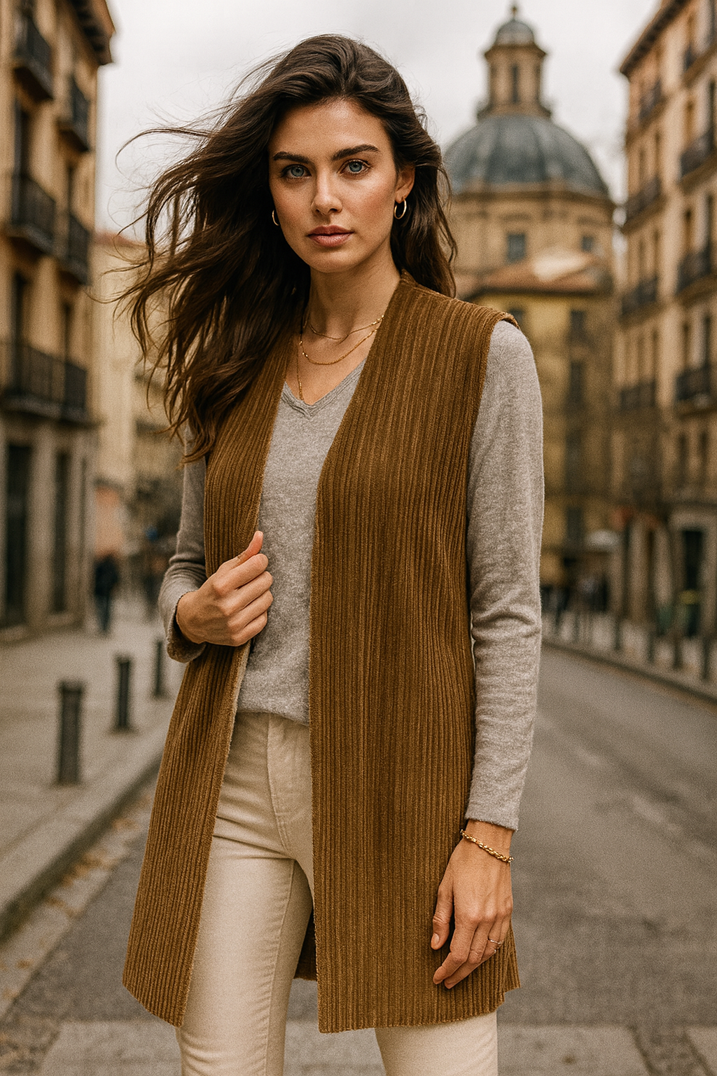 10555 Ribbed Chestnut Open-Front Sherpa Vest