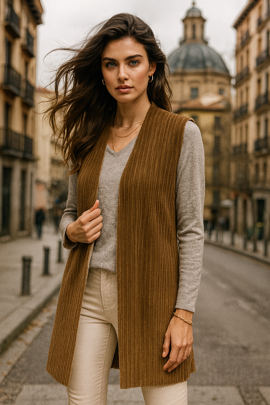 10555 Ribbed Chestnut Open-Front Sherpa Vest