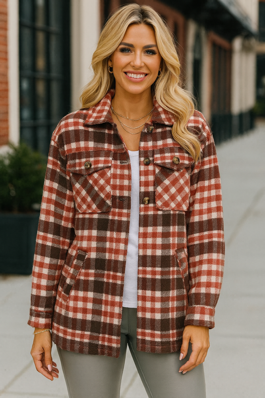 80012 Rust Red Brown Plaid Sherpa-Lined Jacket