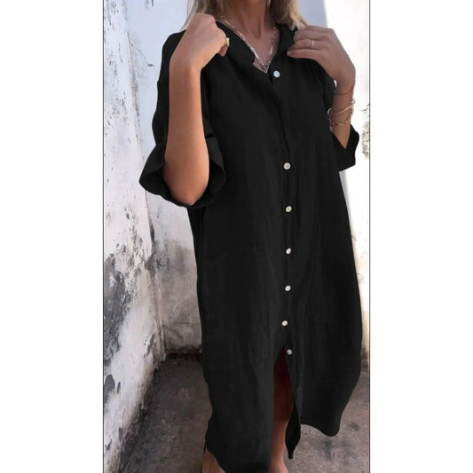 Style 047 Black Linen Button Down Midi Dress