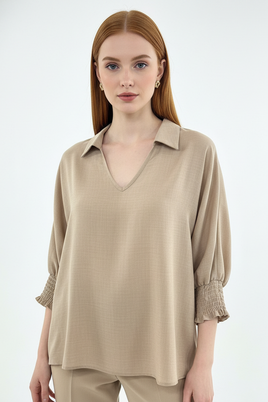 5820 Sandy Beige Smocked Sleeve Blouse