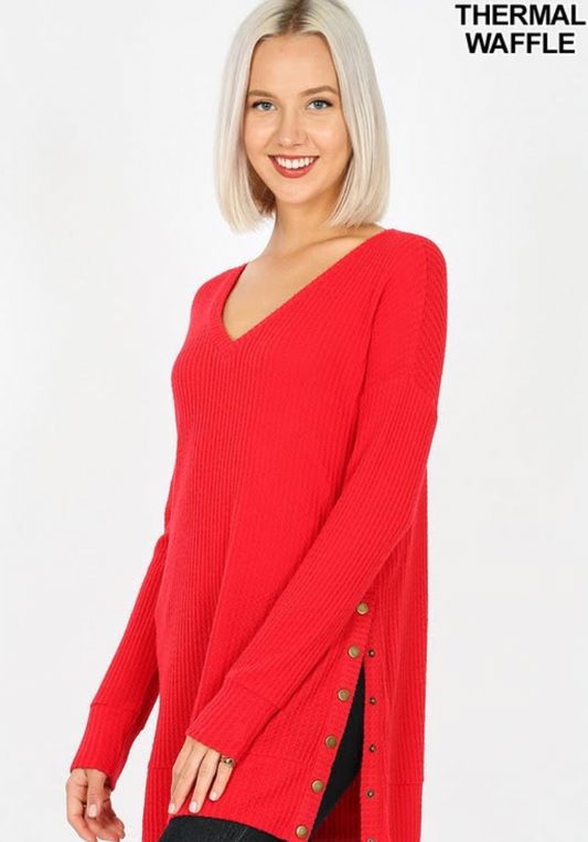 2475 Red Side Snap Waffle Thermal Top