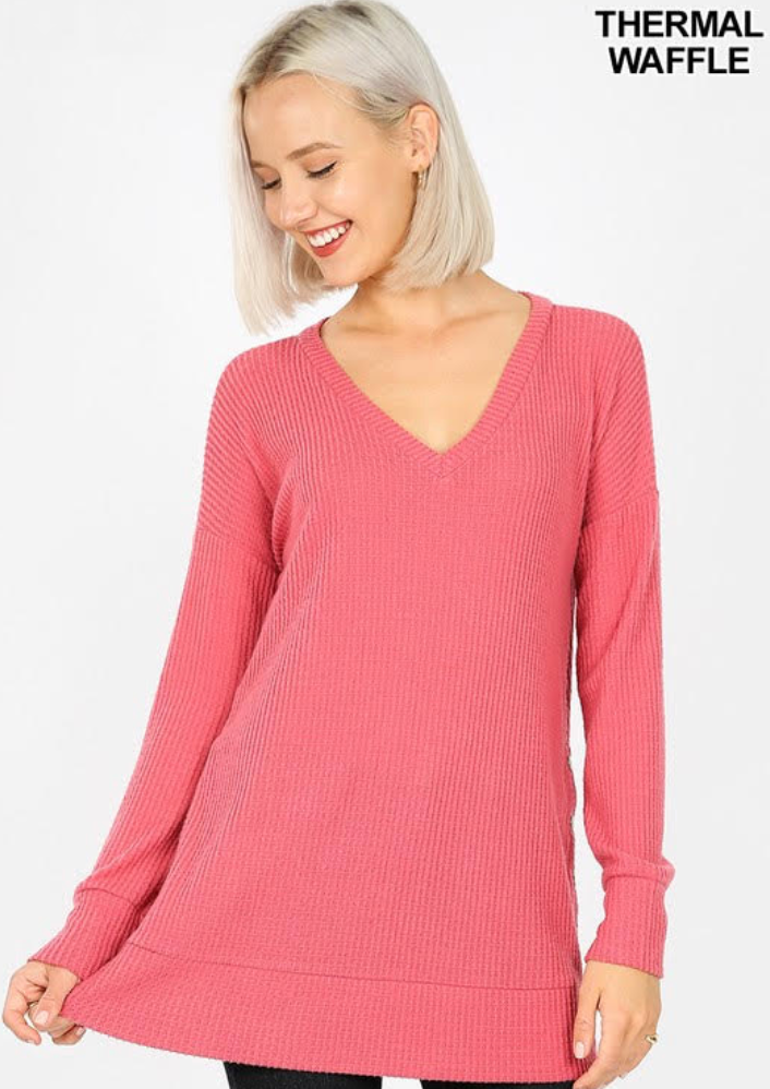 2475 Pink Side Snap Waffle Thermal Top