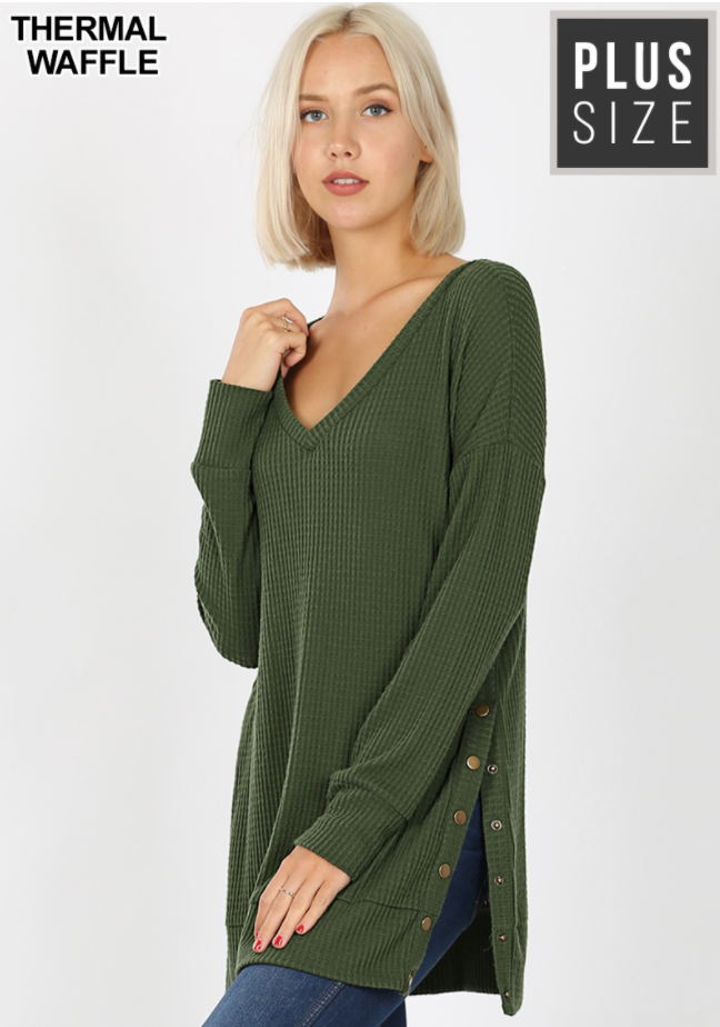 2475x Plus Size Army Green Waffle Top