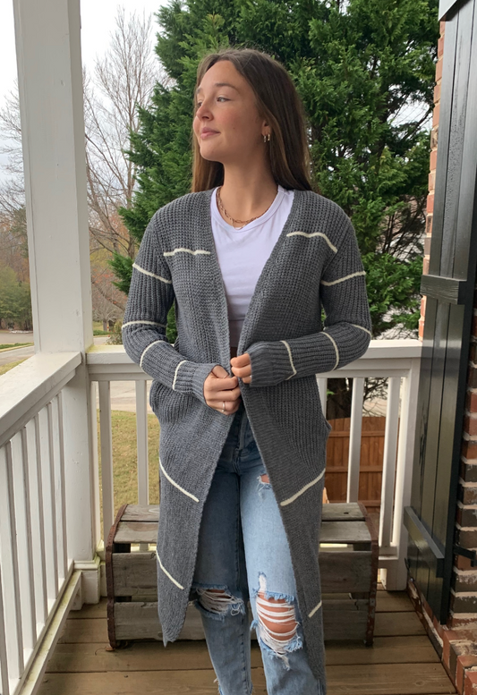 Grey and White Stripped Long Cardigan