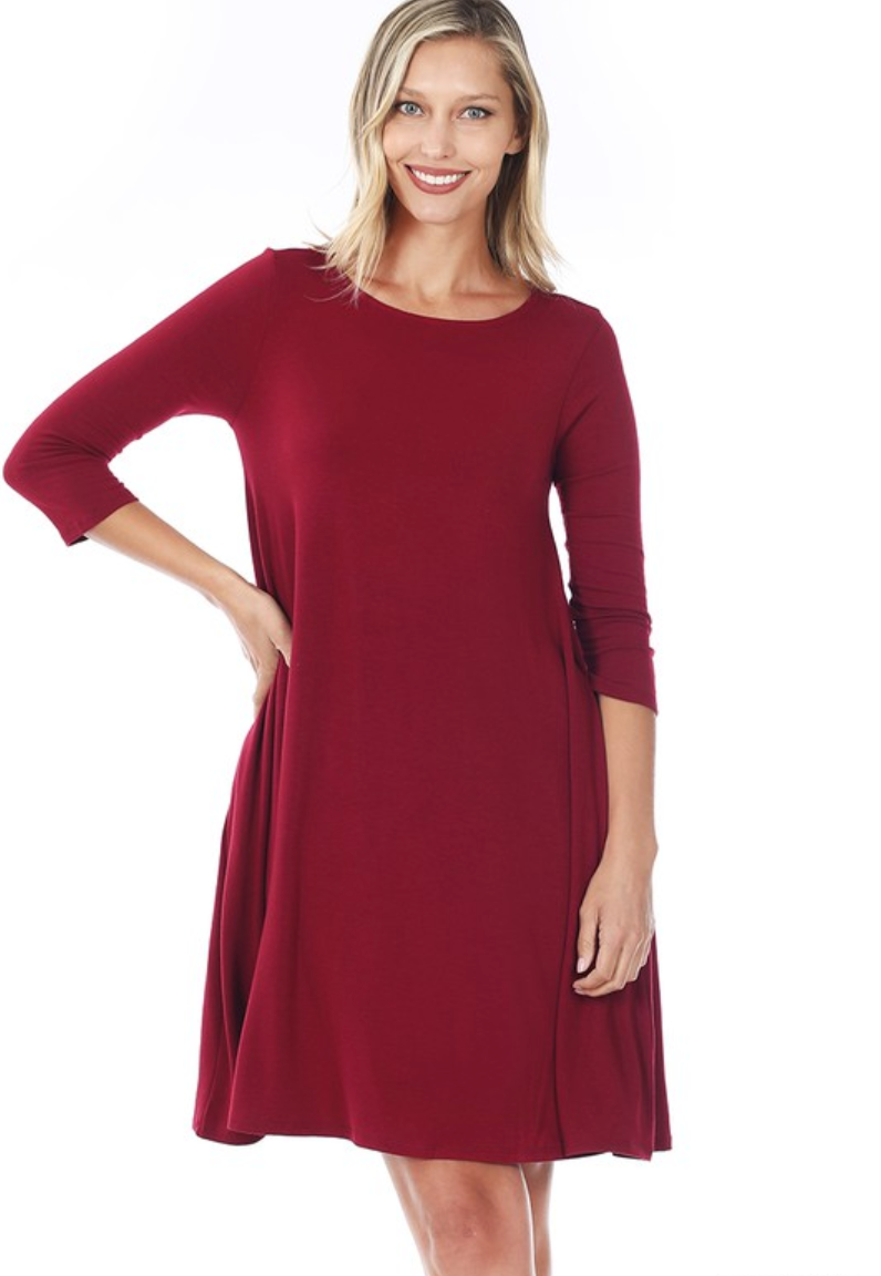 9496 3 Qt. Length Sleeve Dress - Cabernet